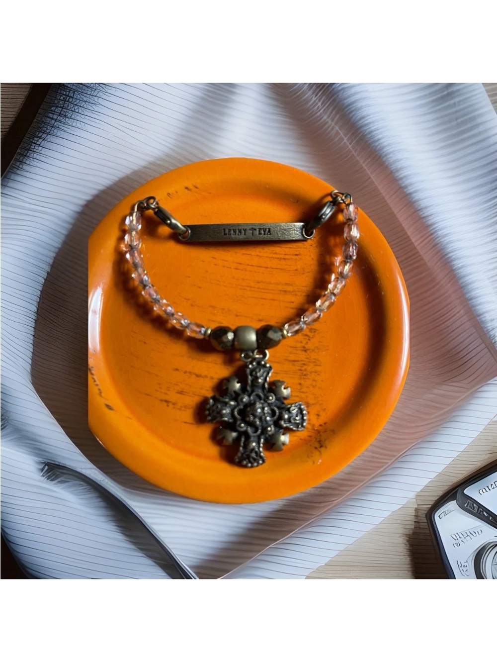 Lenny & Eva Pink Crystal Necklace with Antique Gold Cross Pendant